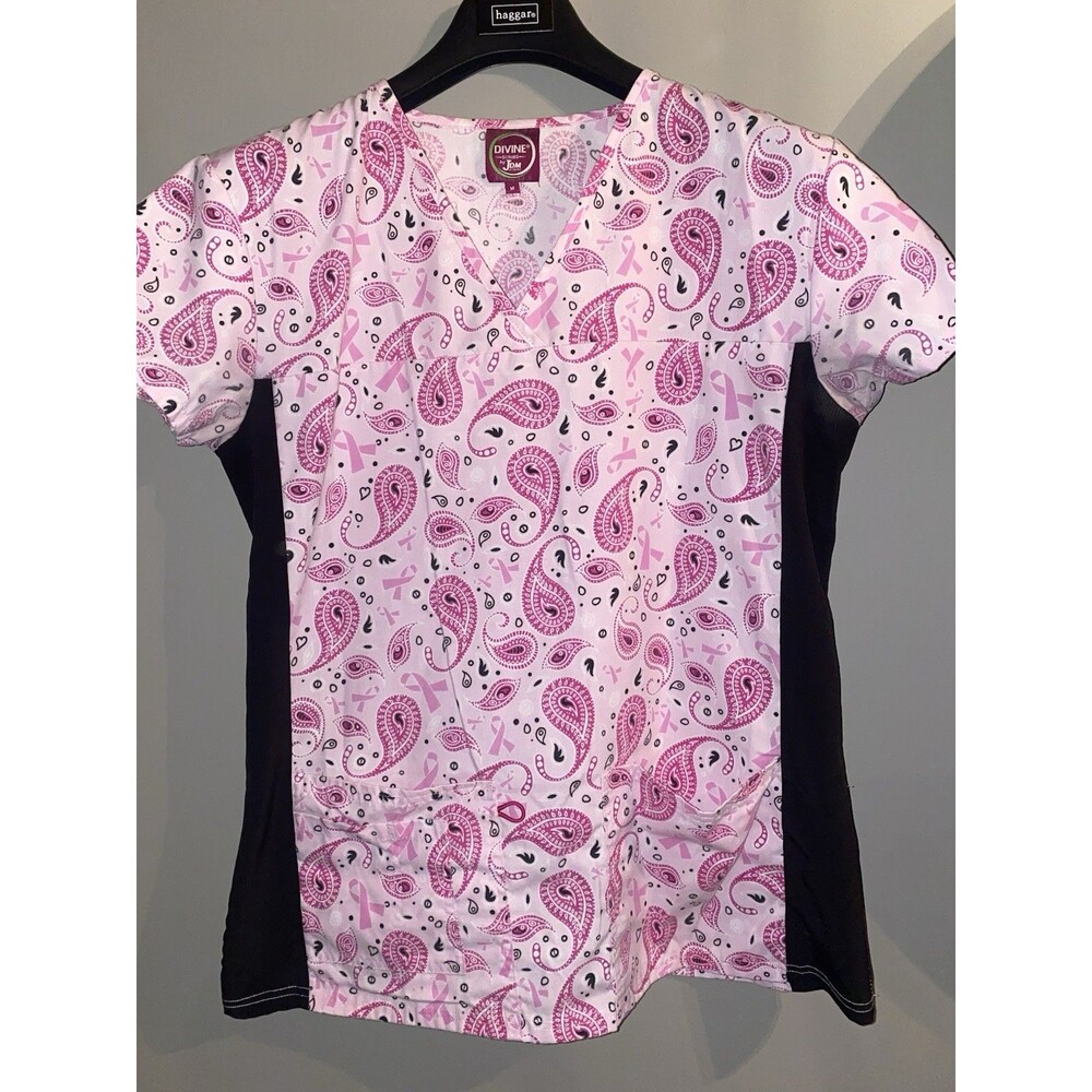 Breast Cancer Awareness Pink Ribbon Scrub Top Divine Scrubs By JDM SIZE‎ MEDIUM